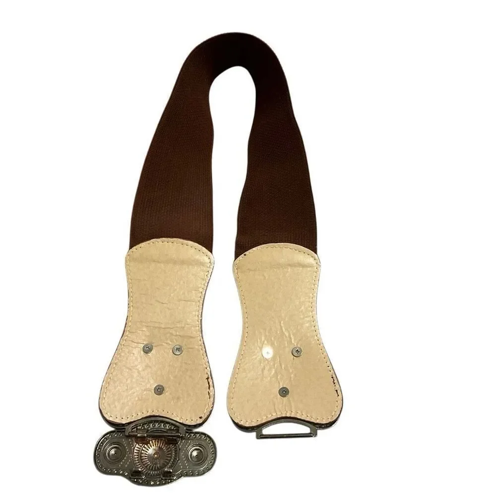 Cool vintage looking metal stretch antique buckle belt, brown and brushed gold